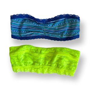 Gilly Hicks 2 Pack Bandeau Neon Green Blue Stripe Lace Bra Vibrant Women's Small